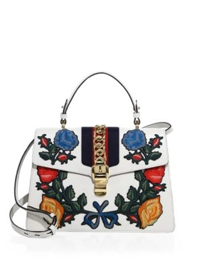 Shop Gucci Sylvie Medium Embroidered Leather Top-handle Bag In White-multi
