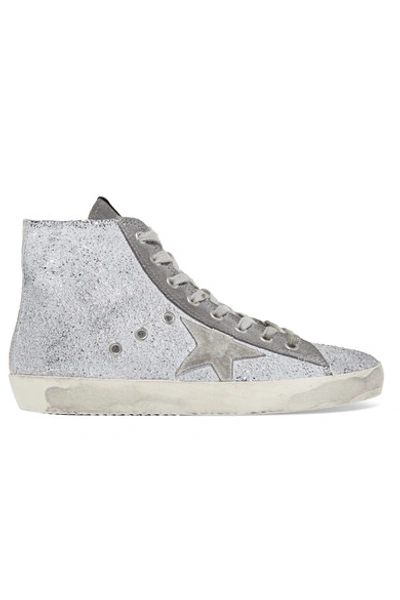 Golden Goose Woman Francy Distressed Glittered Suede High-top Sneakers Lilac In Gun Metal Glitter Brush