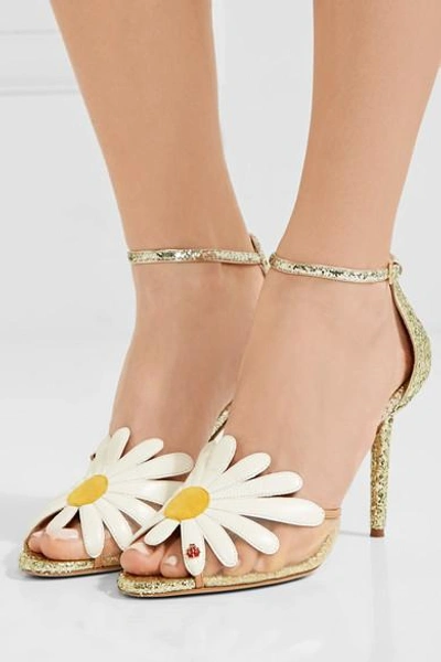 Shop Charlotte Olympia Margherite Appliquéd Mesh And Glittered Leather Sandals