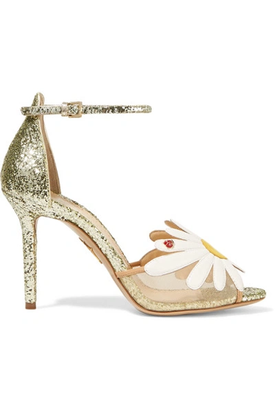 Shop Charlotte Olympia Margherite Appliquéd Mesh And Glittered Leather Sandals