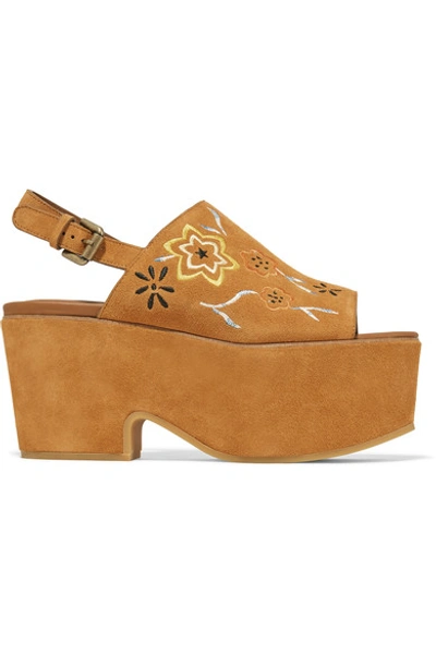 Shop See By Chloé Embroidered Suede Platform Sandals