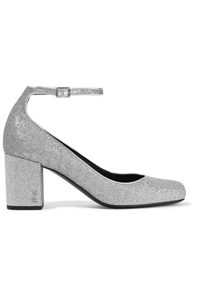Saint Laurent Babies 70 Ankle Strap Pump In Silver Metallic Woven Glitter Fabric And Silver-toned Metal In Moon