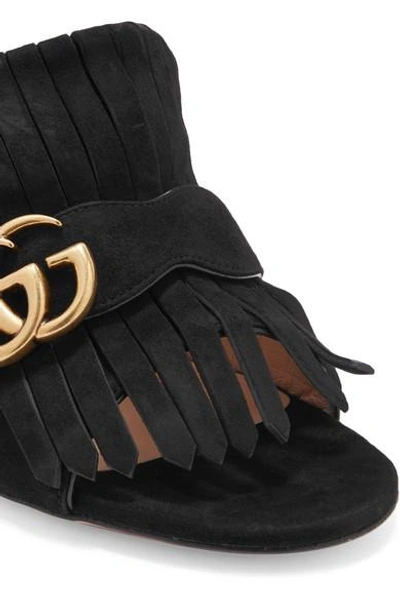 Shop Gucci Marmont Fringed Logo-embellished Suede Mules