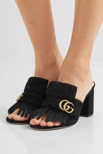 Shop Gucci Marmont Fringed Logo-embellished Suede Mules