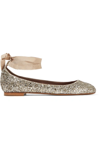 Tabitha Simmons Daria Lace-up Glittered Leather Ballet Flats In Champagne Glitter