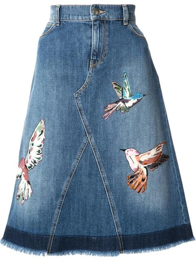 Red Valentino Hummingbird Embroidered Denim Skirt In Blue