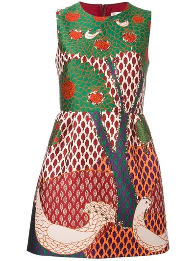 Red Valentino Sleeveless Embellished Multi-patterned Dress, Amarena In Red/green