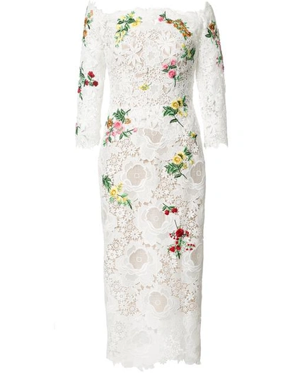 Monique Lhuillier Floral Lace Off-the-shoulder Midi Dress, White/multi