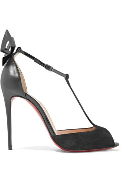 Shop Christian Louboutin Aribak 100 Bow-embellished Leather And Suede T-bar Sandals In Black