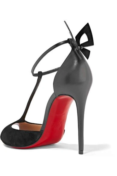 Shop Christian Louboutin Aribak 100 Bow-embellished Leather And Suede T-bar Sandals In Black