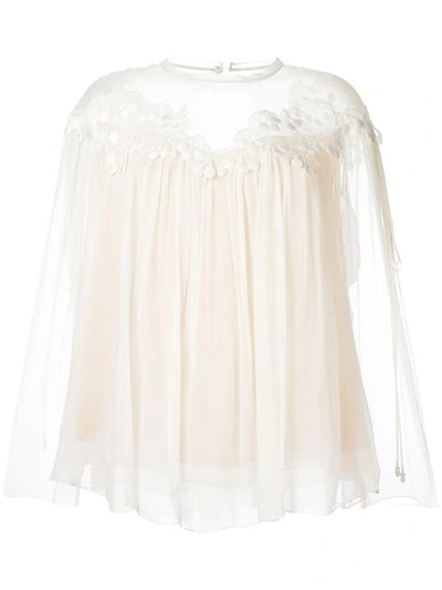 Chloé Lace-trimmed Gathered Silk-georgette Blouse In Neutrals