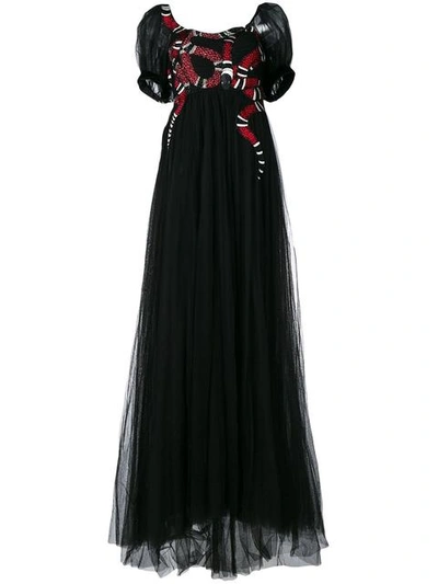 Gucci Embellished Embroidered Tulle Gown In Black