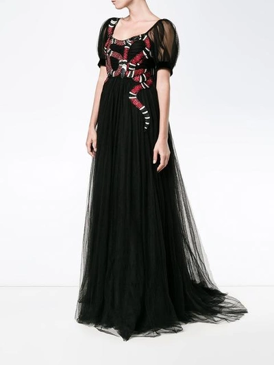 Shop Gucci Snake Embroidered Tulle Gown In Black