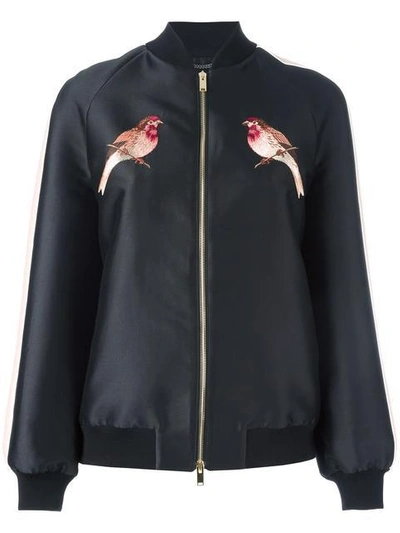 Stella Mccartney Bird Embroidered Duchesse Satin Bomber Jacket In Black