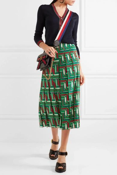 Shop Gucci Pleated Printed Silk Crepe De Chine Skirt In Emerald