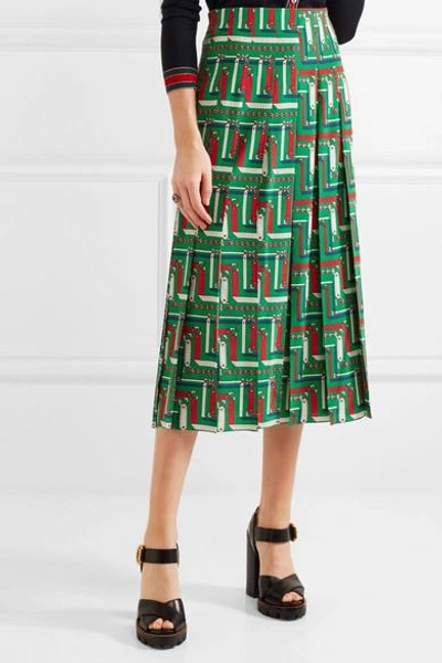 Shop Gucci Pleated Printed Silk Crepe De Chine Skirt In Emerald