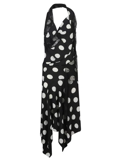 Junya Watanabe Polka Dot Halter Midi Dress Asymmetric Lace In Black