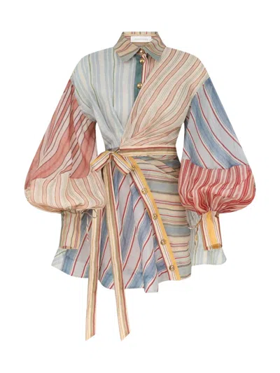 Zimmermann Rebellion Multicolor Midi Dress With Bow Detail On The Front And All-over Striped Motif In Linen And