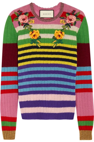 Shop Gucci Appliquéd Striped Wool And Cashmere-blend Sweater In Pink