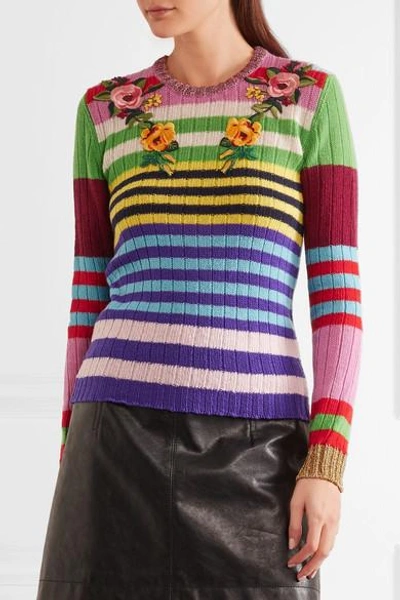 Shop Gucci Appliquéd Striped Wool And Cashmere-blend Sweater In Pink