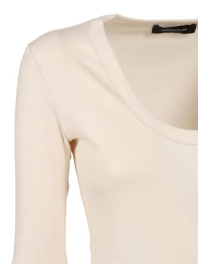 Fabiana Filippi Ribbed Cotton Jersey U Neck T-shirt Filo Diamante Detail In White
