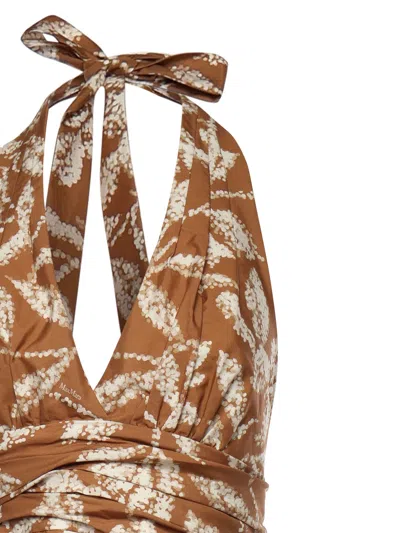 Max Mara Halterneck Printed Cotton Midi Dress In Brown