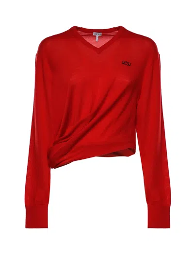 Loewe Asymmetric Draped Embroidered Wool-blend Sweater In Red