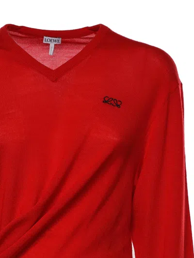 Loewe Asymmetric Draped Embroidered Wool-blend Sweater In Red