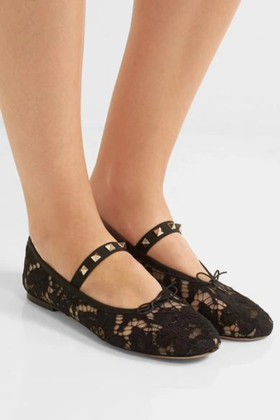 Shop Valentino Studded Corded Lace Flats