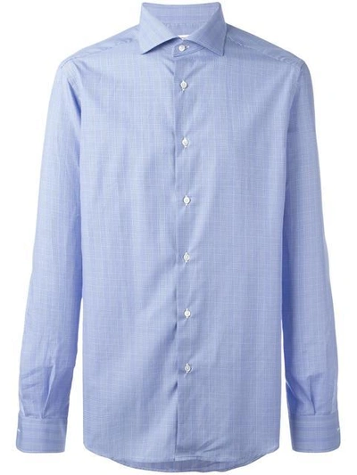 Shop Fashion Clinic Micro-checked Curved Hem Shirt In Blue