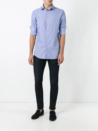 Shop Fashion Clinic Micro-checked Curved Hem Shirt In Blue