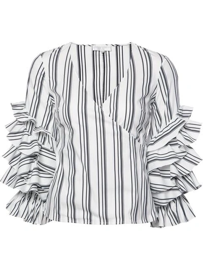 Caroline Constas Athena Ruffled Striped Stretch Cotton-blend Top In Blk-wht