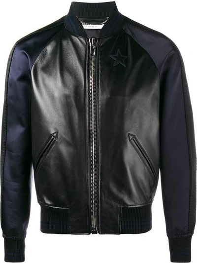 Givenchy Star Logo Leather And Silk Bomber Jacket In Black