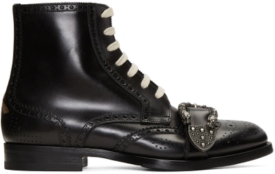 Gucci Lace-up Brogue Belted Leather Boots, Black In Black