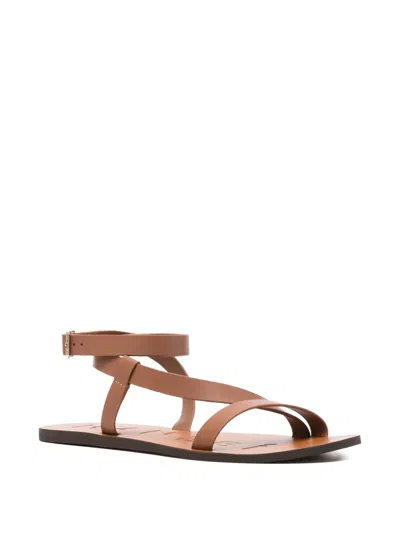 Manebi Leather Gladiator Sandals Ankle Strap Flat In Gold