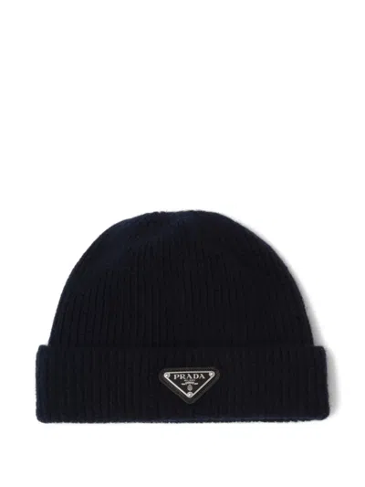 Prada Mens Blue Brand-plaque Cashmere And Wool-blend Beanie Hat In Black