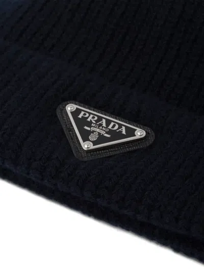 Prada Mens Blue Brand-plaque Cashmere And Wool-blend Beanie Hat In Black