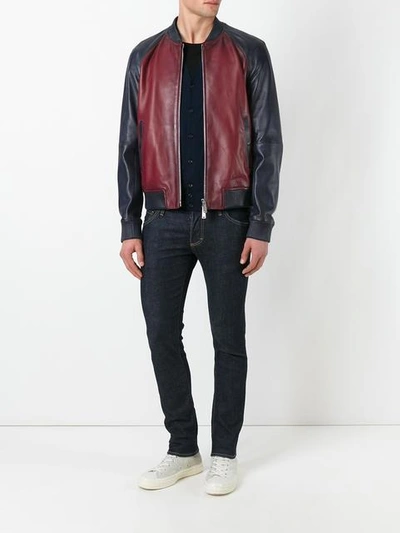 Shop Dsquared2 Contrasted Leather Bomber Jacket In Red