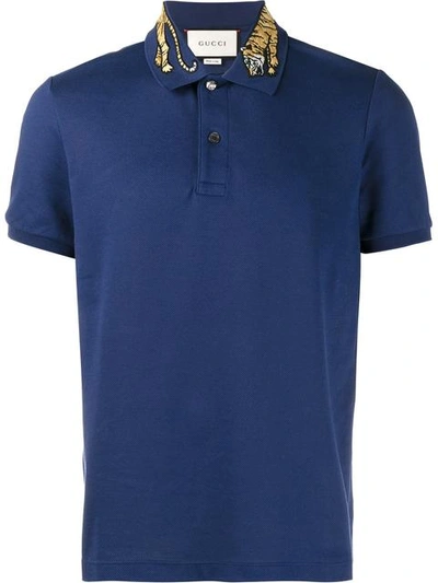 Gucci Cotton Polo W/tiger Embroidery, Blue In Blue Multi | ModeSens