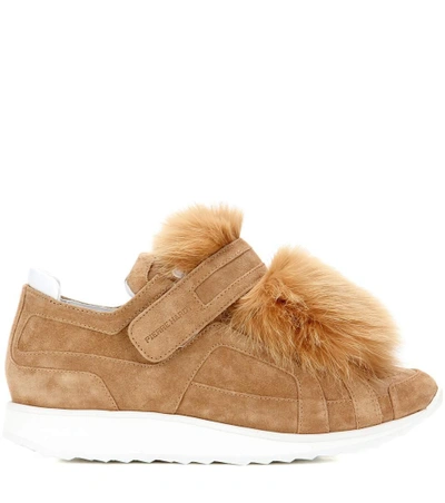 Shop Pierre Hardy Fox Runner Fur-trimmed Suede Sneakers In Camel