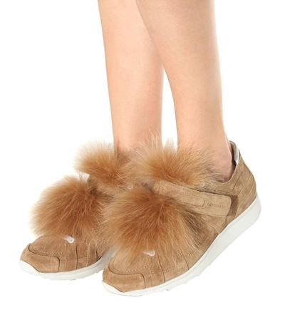 Shop Pierre Hardy Fox Runner Fur-trimmed Suede Sneakers In Camel