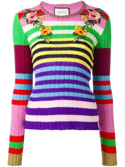 Gucci Striped Wool And Cashmere Sweater With Embroidered Appliqué In Multicolor