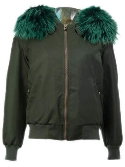 Mr & Mrs Italy Zip-front Bomber Jacket With Fox-fur Trim In Green