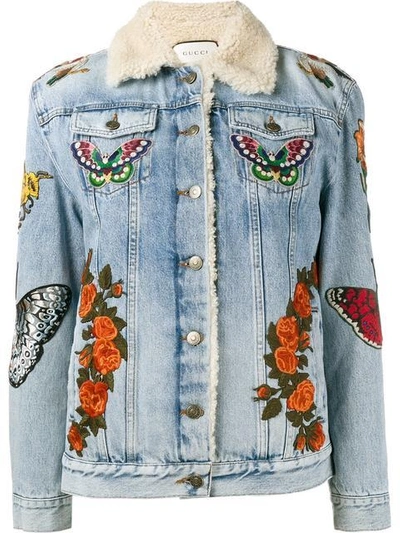 Gucci Women's Embroidered Denim Shearling Jacket In Blue | ModeSens