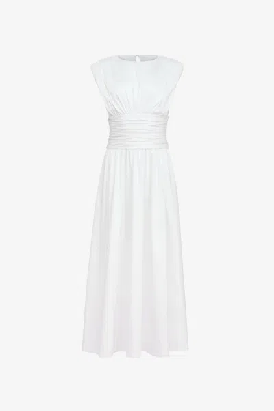 Toccin Evangeline Strong-shoulder Ruched Midi Cotton Dress In White