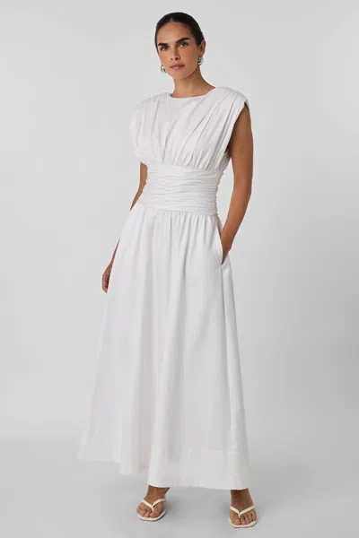 Toccin Evangeline Strong-shoulder Ruched Midi Cotton Dress In White
