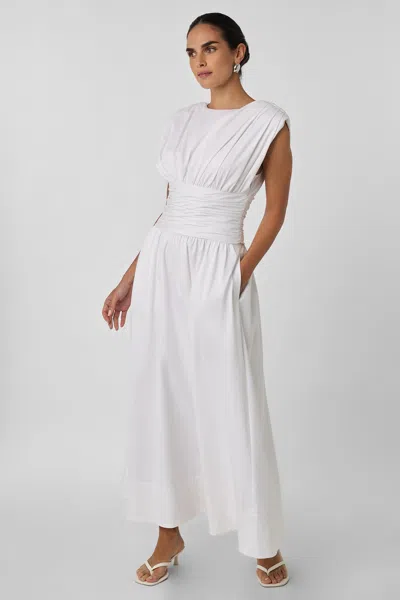 Toccin Evangeline Strong-shoulder Ruched Midi Cotton Dress In White
