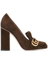 Gucci Fringed Logo Plaque Pumps In Dark Brown Suede