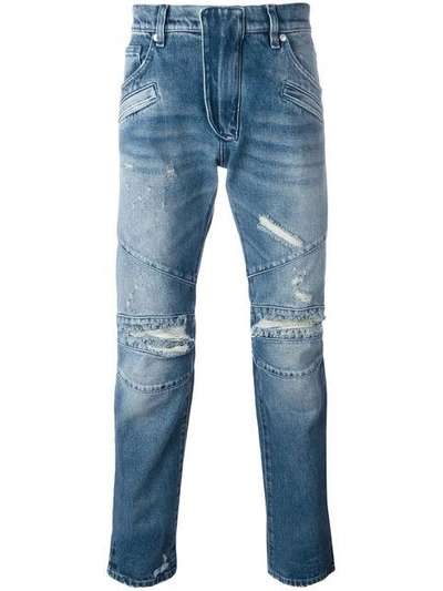 Pierre Balmain Distressed Moto Slim-straight Jeans, Blue In Blue Denim
