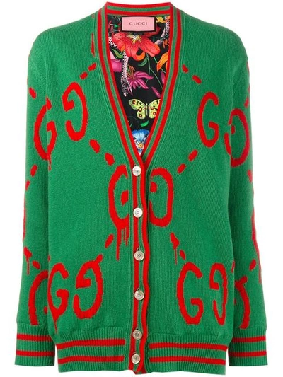 Shop Gucci Reversible Ghost Logo Cardigan - Green